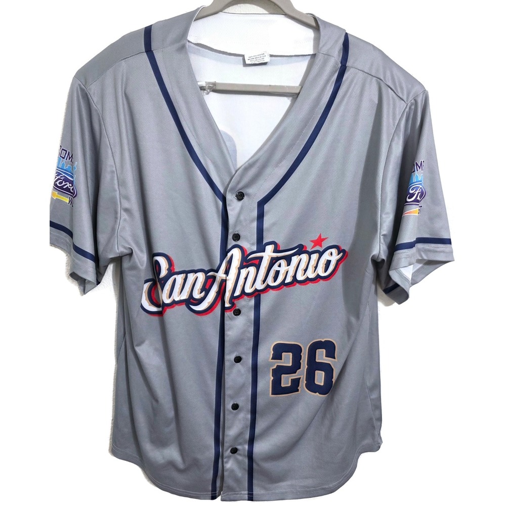 Coyote Promotions San Antonio Baseball Jersey Grey Navy Blue Men 2XL #26 Mission
